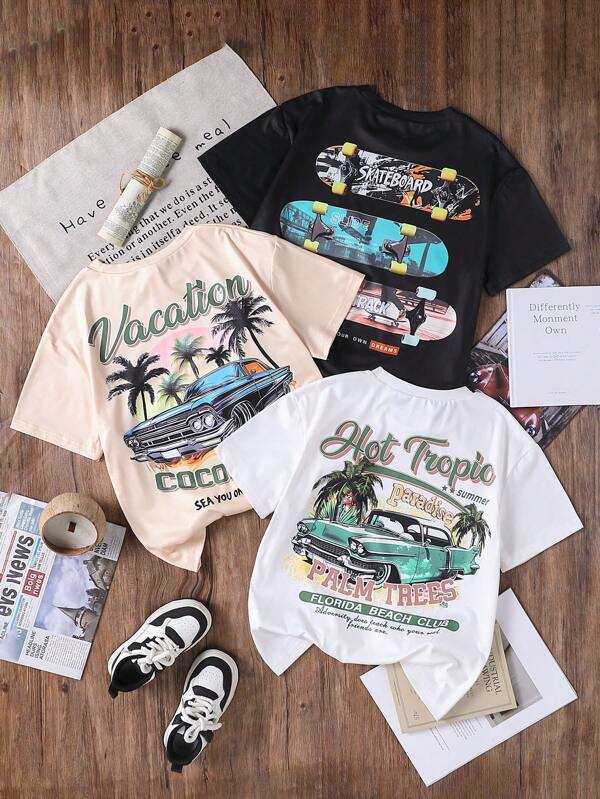 SHEIN Paquete de 3 camisetas gráficas con temas de coche de carreras, motocicleta y árbol de coco para vacaciones de verano, adecuadas para niños pre-adolescentes en la playa