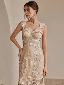 Anewsta 法式奢华花卉刺绣网眼吊带背心连衣裙，夏季，朴素，节日，派对