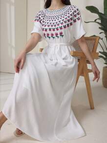 Mulvari Elegant Embroidered Women's Long Dress, Casual And Fashionable For Everyday Wear