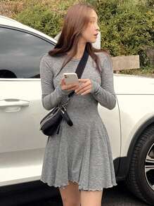 DAZY 女式修身纯色迷你连衣裙，秋/春夏季，秋季女装长袖连衣裙 - 灰色 - 查看 4