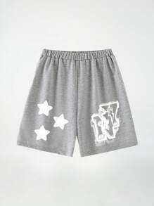 SHEIN Tween Boys White 3 Star & Letter Print Mid Length Shorts, Casual Street Style Shorts For Older Kids, Machine Washable, Suitable For Running, Daily Wear & Outdoor Activities - Grey - View 4
