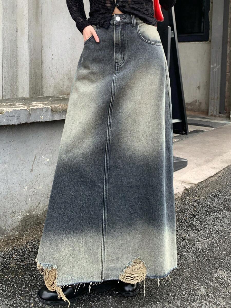 DAZY 女士口袋做旧磨损下摆长款休闲牛仔裙夏季牛仔裙 - 藍色 - 查看 1