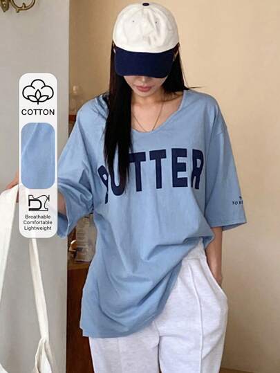 DAZY 女士宽松 V 领短袖长款 T 恤，字母印花，夏季超大码 T 恤，图案 T 恤，学院风上衣