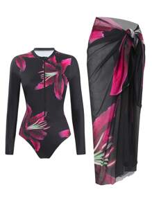 Swim Oasis 2pcs/Set Spring Break Floral Print Summer Beach Vacation Wear Rashguard, Summer Beach Vacation Party & Holiday Professional Swimsuit For Women