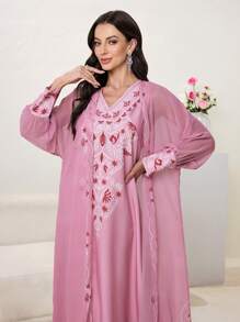 Al Najma Conjunto de 2 piezas para mujer: Bata de gasa con estampado floral de manga larga y vestido escote en V, elegante