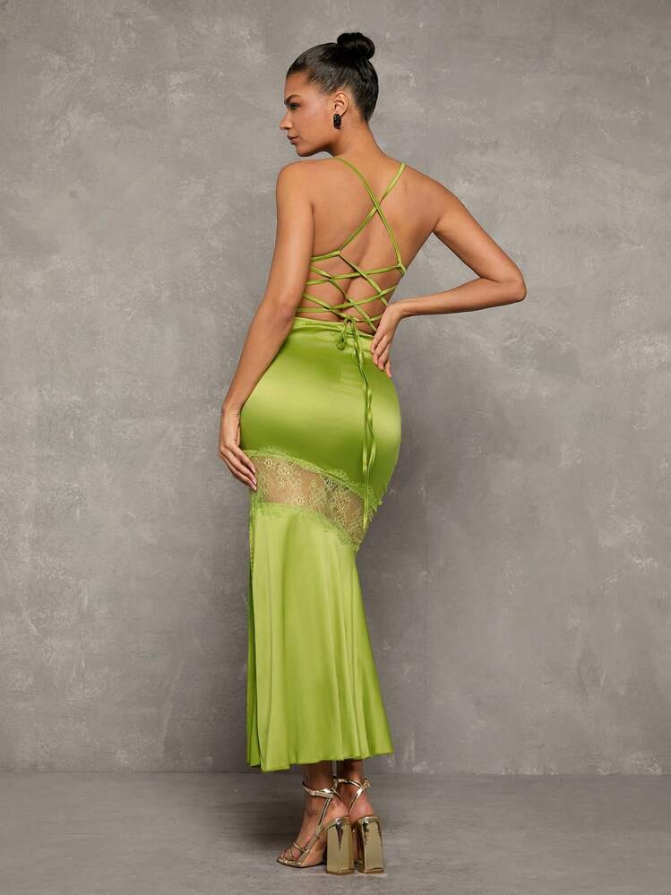 lime green cowl neck dress Glamine Summer Elegant Seductive Party Women's Satin Halter Backless Tie Back Lace Splicing Fitted Slit Maxi Prom Evening Gown Dresses Strapless Short Dress