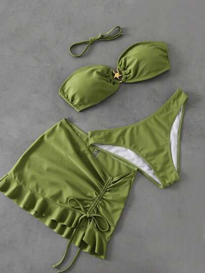 Swim Mod Conjunto de 3 piezas de ropa de playa para mujer en verano, top tubo bandeau tipo halter de unicolor, falda de playa con cintura con cordón y vuelos en el bajo, traje de baño tipo bikini