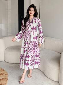 DAZY Rochie tip cămașă cu imprimeu lejer și mânecă trei sferturi, cu volane, rochie de toamnă, rochie maxi cu mânecă lungă - Violet - Vizualizare 6