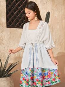 SHEIN Tween Girls Plain Woven White Drawstring Relaxed Kimono Top, Vacation Bohemian Music Festival Style