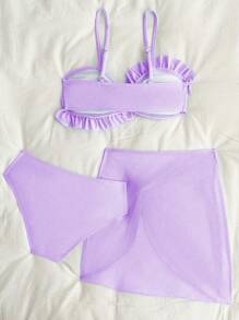 Tween Girl Holiday Beach Solid Color Bikini Set With Twist Front Cover-Up Mini Skirt - Mauve Purple - View 2