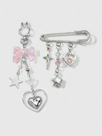 Kawaii Conjunto de 2 piezas de cadena de plata de moda con combinación de llavero y broche con corazón hueco, estrella, resina rosa y conejo de cristal, regalo ideal para mujeres y niñas