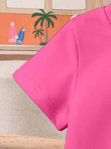 SHEIN 可爱熊印花百搭短袖圆领 T 恤，百搭舒适，适合年轻女孩 - 玫紅色 - 查看 5