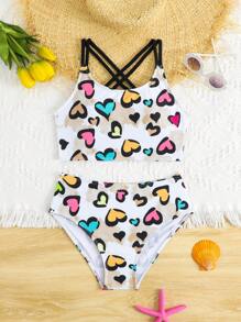 Cute Tween Girl 2pcs Cross Strap Heart Printed Swimwear (Print Pattern Random) - Multicolor - View 1