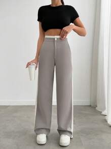 SHEIN PETITE Petite Women Side Striped Detailed Wide Leg Pants - Grey - View 4