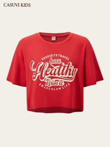 SHEIN Explorewe 1pc Vintage Campus Style Round Neck Short Sleeve T-Shirt For Teen Girl - Red - View 3
