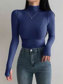DAZY Turtleneck Long Sleeve Autumn/Winter Slim Fit Base Layer Top, Minimalist Essential Undershirt For Women - Navy Blue - View 3