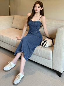 DAZY 女式休闲牛仔细肩带连衣裙，适合夏季太阳裙 - 寶藍色 - 查看 7