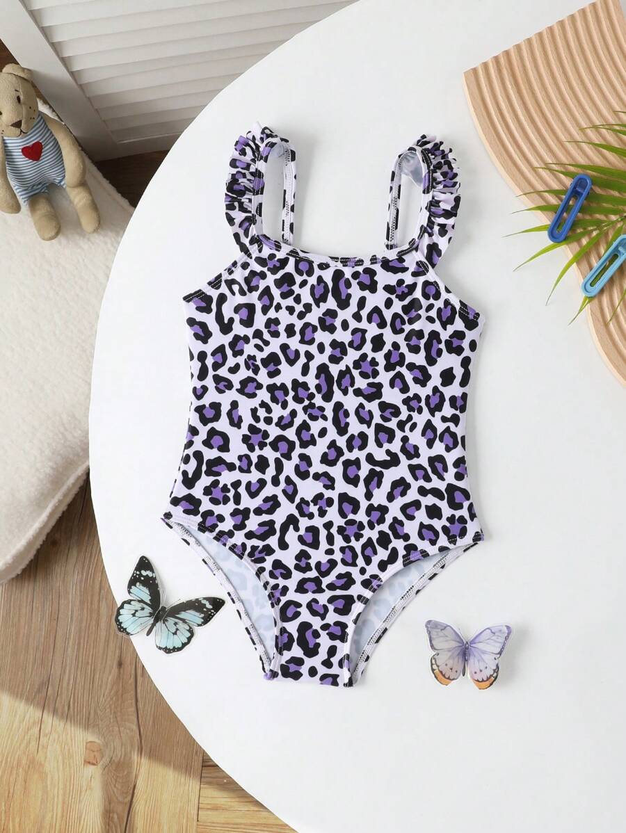 Traje de baño de una pieza con estampado de leopardo y detalle de volante para niñas jóvenes - Púrpura malva - Ver 1