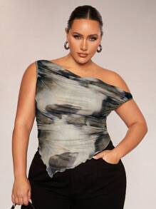 SHEIN BAE Damen Große Größen Leoparden-Muster Asymmetrischer Saum Offene Schulter Rüschen Locker Oberteil, geeignet für Lässig, Pendeln, Ausgehen, Date, Nachmittagstee, Urlaub