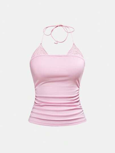Fairycore Parte superior de cami con cuello de tortuga de encaje, escote halter y plisado para mujer