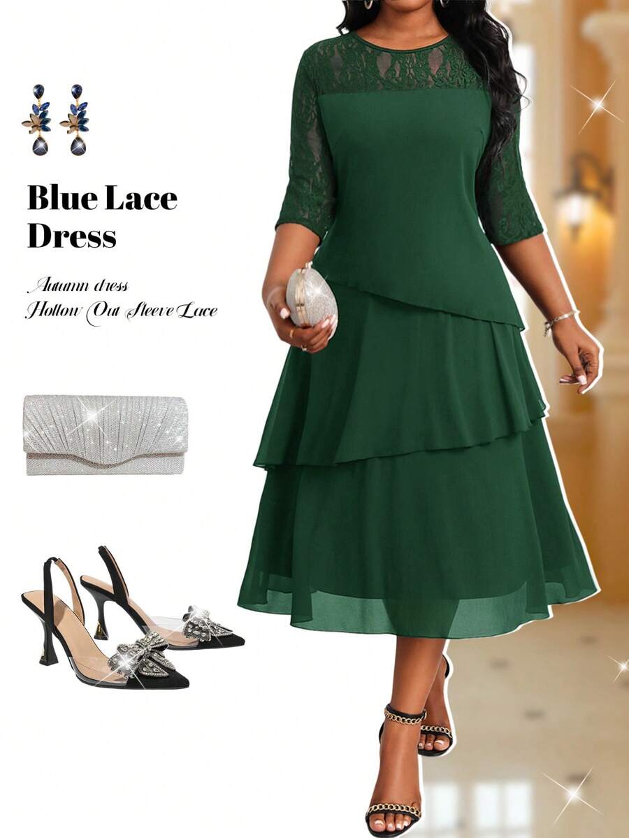 Fleurora 大码女装商务专业蓝色镂空袖蕾丝拼接荷叶边分层中长连衣裙教师服教师连衣裙秋季连衣裙蕾丝连衣裙四季 - 墨綠色 - 查看 1