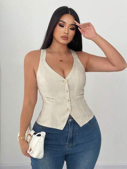 Elenzga Camiseta de tirantes de mujer de talla grande con cintura ceñida de color liso