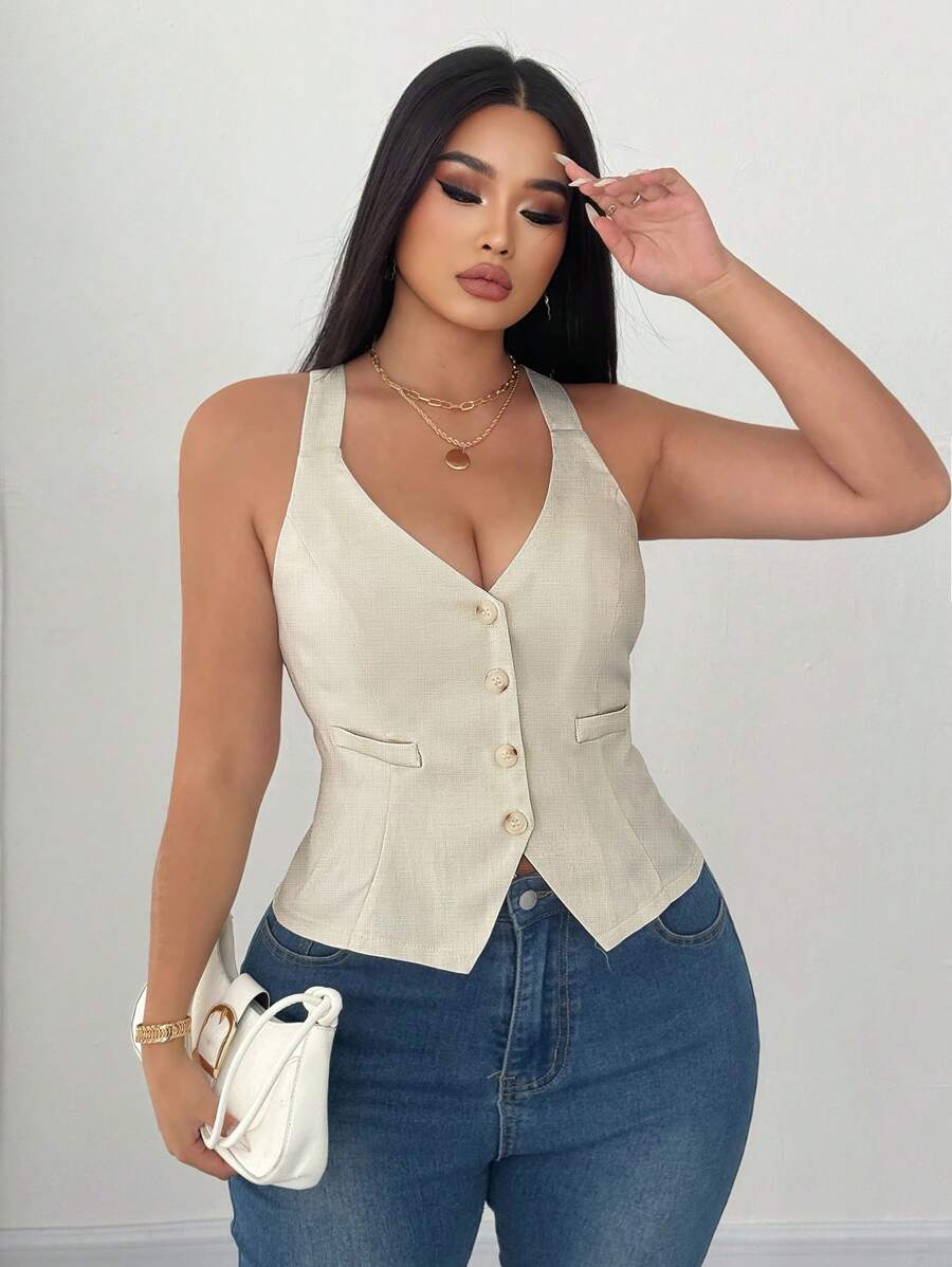 Elenzga 大码女式纯色束腰吊带背心 - 杏色 - 查看 1