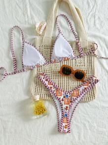 Swim Vcay 2 件套 Springbreak 女式夏季随机颜色印花细肩带上衣和高腰比基尼泳裤泳装套装 - 彩色 - 查看 2