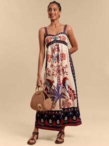 Travachic 女士花卉印花褶饰细肩带开衩连衣裙，度假装 - 彩色 - 查看 5