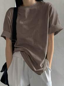 DAZY Màu thuần Vòng cổ Lỏng lẻo phù hợp Giải trí Áo thun Cho mùa hè - Màu nâu  Mocha - Xem 6