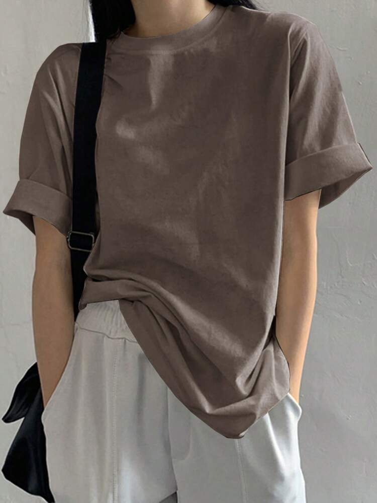 Solid Color Round Neck Loose Fit Casual T-Shirt For Summer
