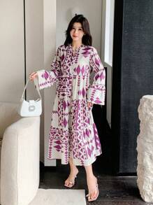 DAZY Rochie tip cămașă cu imprimeu lejer și mânecă trei sferturi, cu volane, rochie de toamnă, rochie maxi cu mânecă lungă - Violet - Vizualizare 4