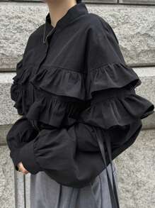 FRIFUL 女式荷叶边宽松圆领衬衫长袖上衣