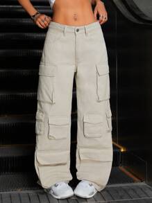 SHEIN ICON 休闲多口袋水洗直筒女式牛仔裤 - 卡其色 - 查看 1