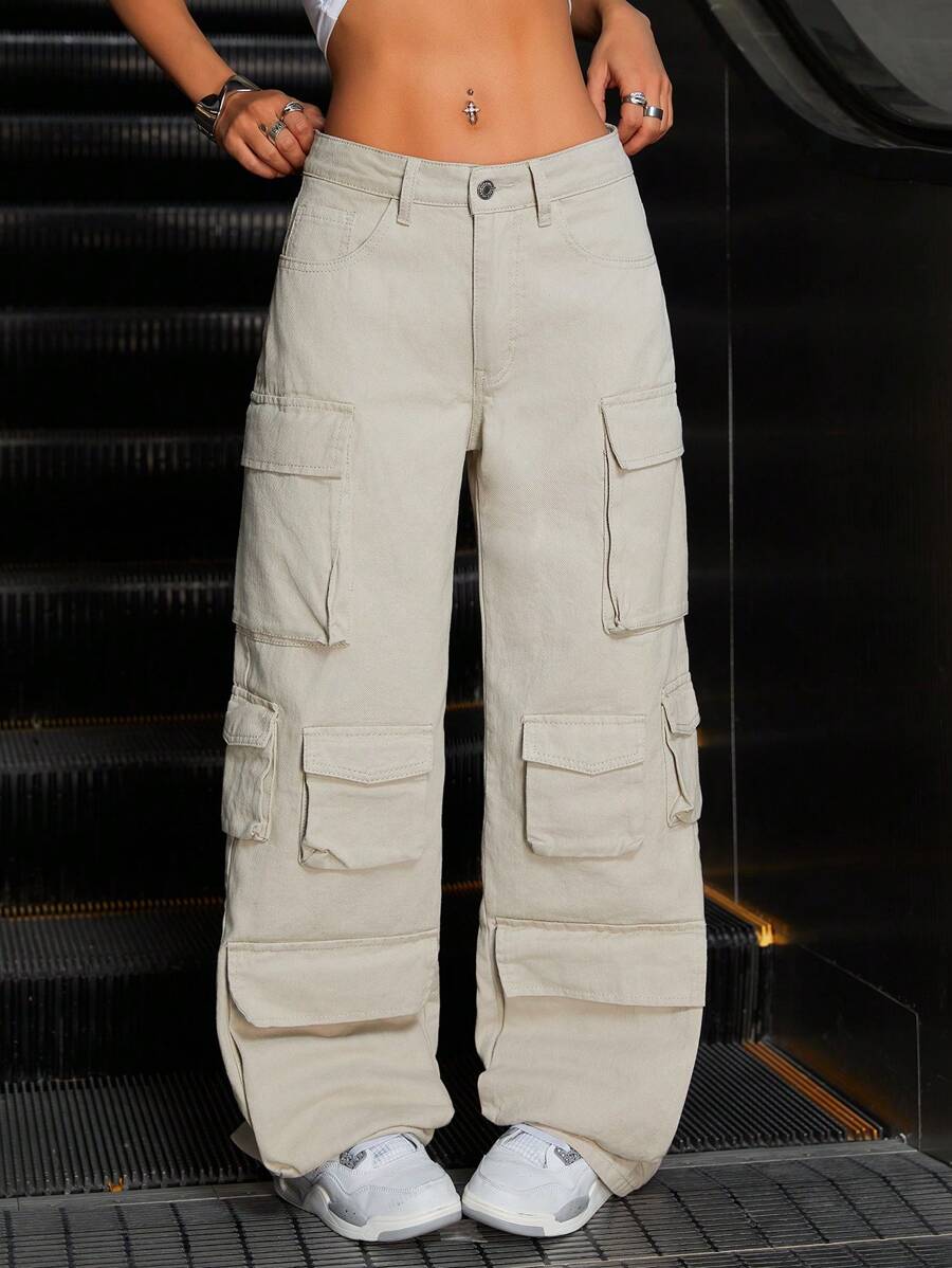 SHEIN ICON 休闲多口袋水洗直筒女式牛仔裤 - 卡其色 - 查看 1