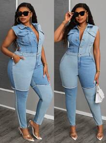 SHEIN SXY Mono de mezclilla vintage lavado de talla grande con diseño elástico y parchwork sexy para mujeres