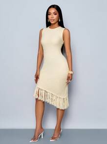 SOLERSUN Women's Spring/Summer Solid Color Elegant Beach Vacation Sleeveless Fringe Asymmetrical Hem Bodycon Midi Dresses Fringe Dress - Apricot - View 3