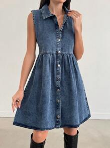 EURMUSE 休闲水洗前扣无袖牛仔连衣裙