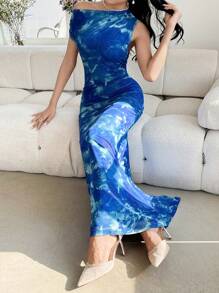 Modelyn Váy đuôi cá cổ lệch in họa tiết tie-dye thanh lịch dành cho nữ - Nhiều màu - Xem 1