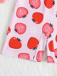 SHEIN 1 pieza Traje de baño de una sola pieza con estampado de tiburón lindo para niña, de manga larga, para el verano - Rosado Sandía - Ver 3