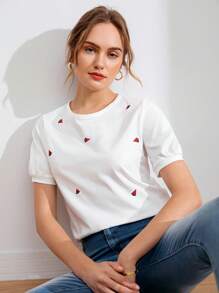 Muchica Puff Sleeve Embroidery Watermelon Tee - White - View 1
