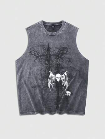 Goth Men's Cross & Skull Print Round Neck Casual Tank Top, For Concert