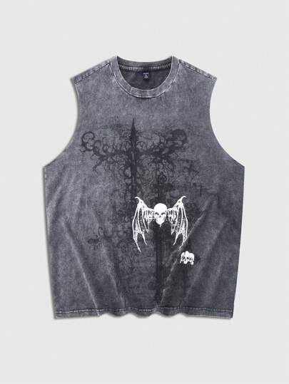 Goth Canotta casual da uomo con stampa di croci e teschi al girocollo, adatta per concerti