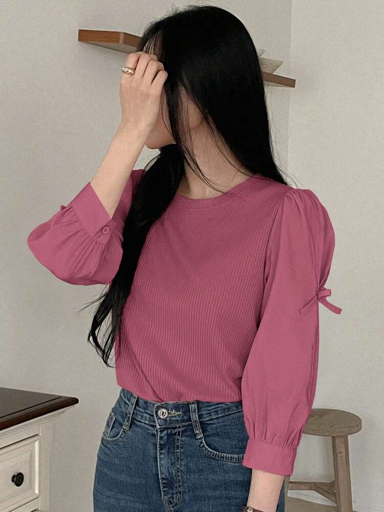 Women's Ribbed Fabric Patchwork Round Neck Loose Pullover Shirt With Butterfly Decor Long Sleeve Top