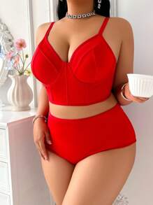 SHEIN 大码女士内衣套装、纯色吊带背心和高腰内裤 - 紅色 - 查看 5