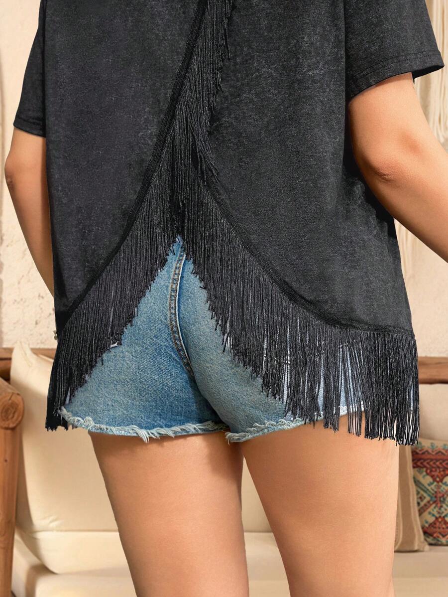 SHEIN LUNE Top de talla grande con mangas cortas y decoración de flecos en la espalda, adecuado para outfits de festivales de música, atuendos primaverales para mujeres, ropa de verano, atuendos occidentales para mujeres con estilo "dinero antiguo", atuendos de brunch para mujeres, atuendos para el aeropuerto, atuendos de vaquera para el verano, atuendos de graduación para mujeres en primavera y verano, atuendos de Pascua para mujeres, ropa de vacaciones para primavera y verano