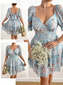 Flirla Plus Size Boho Fashionable Backless Lace-Up Waist Printed Dress, For Summer - Multicolor - View 1