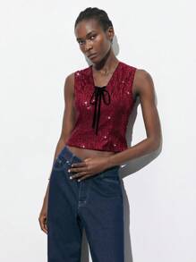 Maija Top corto de tirantes sin mangas con lazo decorado con lentejuelas, uso fashionable para fiestas en verano