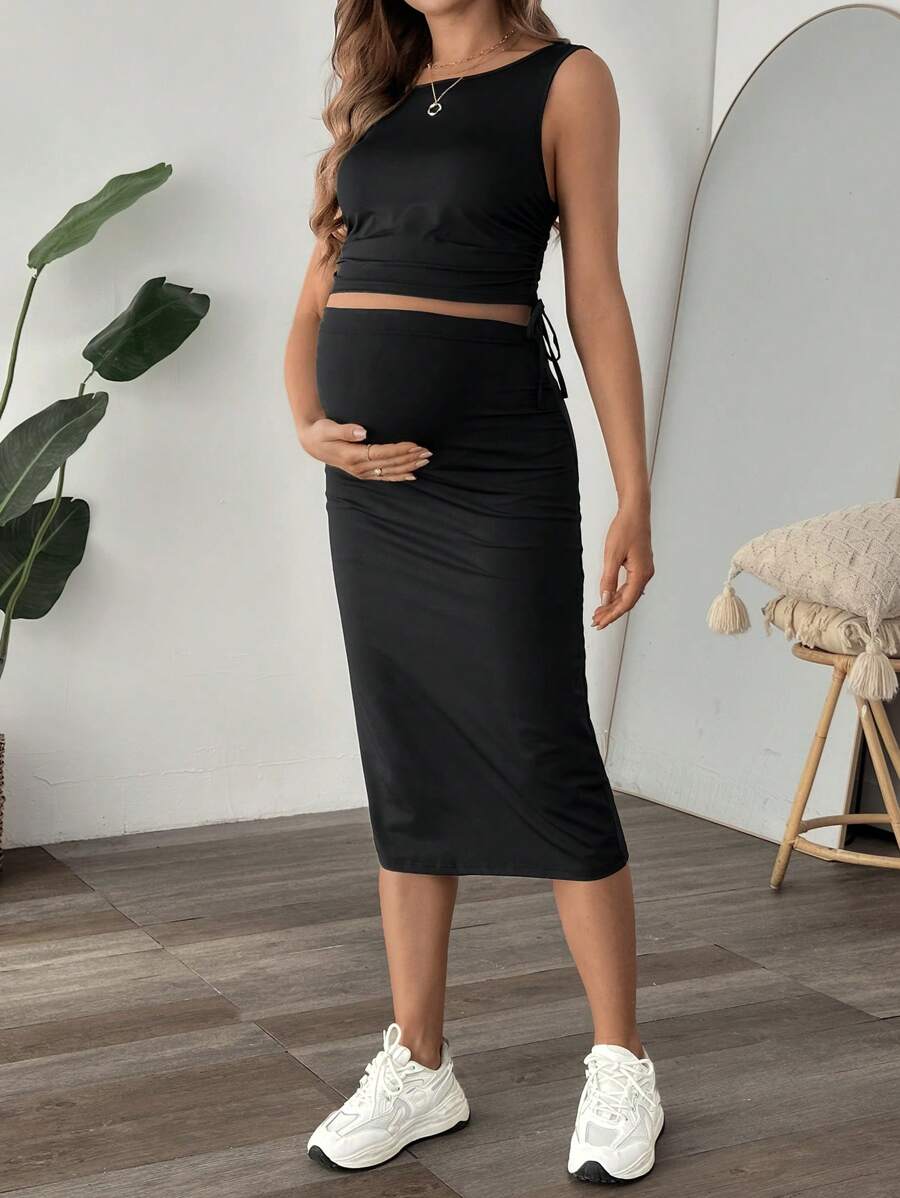 SHEIN 2pcs Maternity Knit Fitted Crew Neck Side Drawstring Tank Top And Adjustable Waist A-Line Skirt Set - Black - View 1