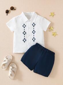 SHEIN 2pcs Young Boy Short Sleeve Shirt & Shorts Set, Spring/Summer - Multicolor - View 2